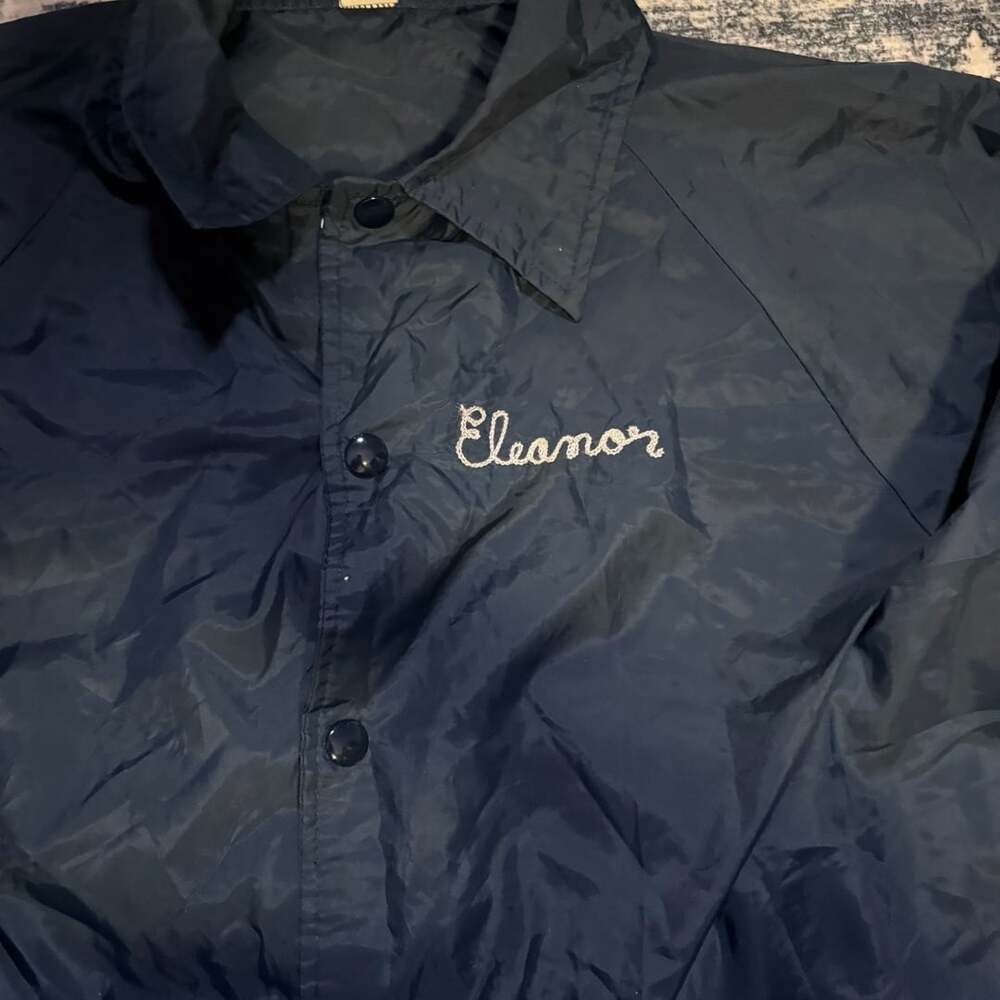 Vintage Navy Blue Nylon Coaches Jacket with Eleanor Embroidery Size M - Picture 2 of 4